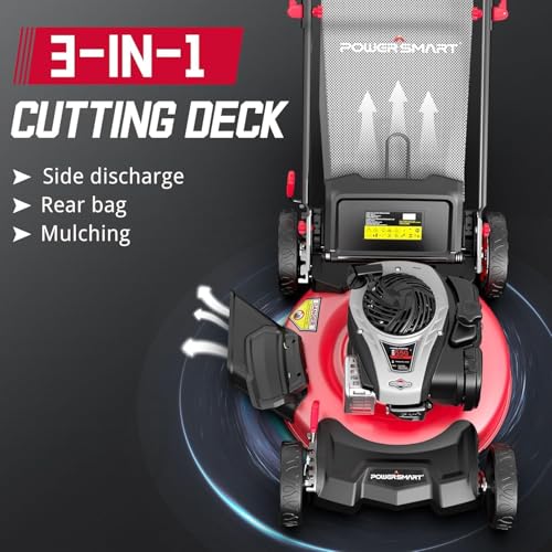 Image of PowerSmart 21 inch 3-in-1 Gas Push Lawn Mower with 140cc Briggs&Stratton 4-Stroke Engine - Wide Cutting Deck, 6 Height Adjustments, Mulching Capability