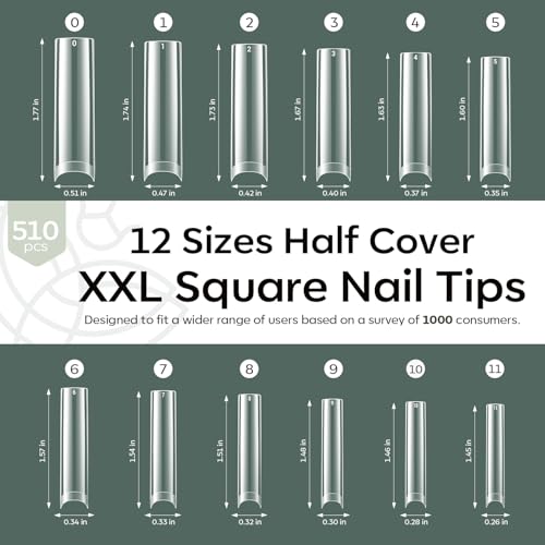 Image of Modelones XXL Square Half Cover Nail Tips, No C Curve 510Pcs Extra Long Extension Tips Pre-Etched Fake Press on Nails Tips Clear Natural Fit Acrylic Gel False Nails for Extension DIY Salon 15Sizes