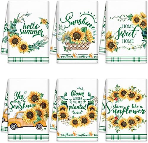 Redbaker 6 Pcs Sunflower Kitchen Towels Hello Summer Dish Towel You Are My Sunshine Hand Towels Decorative Tea Towel for Absorbent Sunflower Plant with Hanging Loop for Bathroom Home Housewarming Gift
