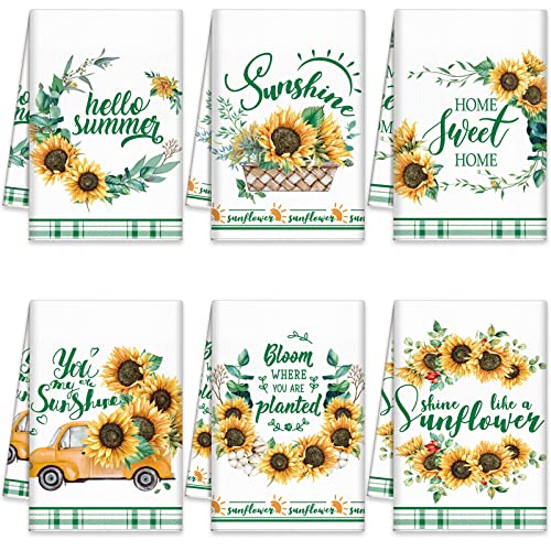 Redbaker 6 Pcs Sunflower Kitchen Towels Hello Summer Dish Towel You Are My Sunshine Hand Towels Decorative Tea Towel For Absorbent Sunflower Plant With Hanging Loop For Bathroom Home Housewarming Gift #TOP16