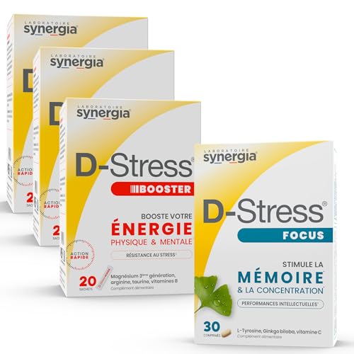 Pack "Memoria y concentración" | 3 D-Stress BOOSTER 20 Bolsas + D-Stress FOCUS 30 Tabletas | Revisiones, Entrevistas, Retorno | Laboratorio Synergia