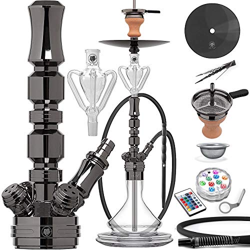 DILAW® TRIPHAN Shisha Edelstahl Black V2A 66cm Hookah Medium + LED Licht | Wasserpfeife Kaminkopf Komplettset…