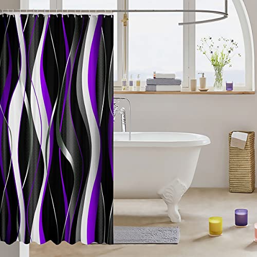 Loussiesd Purple Grey Black Shower Curtain Geometric Spiral Pattern Fabric Shower Curtains for Kids Boys Girls Abstract Bathroom Waterproof Accessories with 12 Hooks Modern Home Curtains,72x72 Inch - Image 3