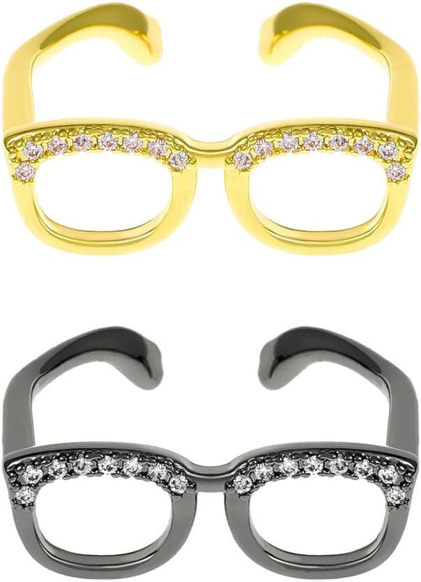 2Pcs Rhinestone Glasses Open Rings Set,Cute Crystal Love Heart Eyeglasses Finger Rings Jewelry for Women Men Couple Gifts