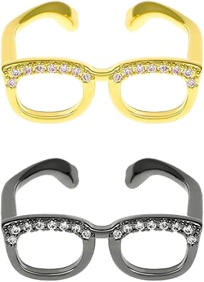 2Pcs Rhinestone Glasses Open Rings Set,Cute Crystal Love Heart Eyeglasses Finger Rings Jewelry for Women Men Couple Gifts