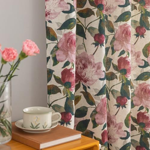 Image of ALIGOGO Pink Floral Linen Curtains for Kitchen, 2 Panels 50 inch W x 54 inch L