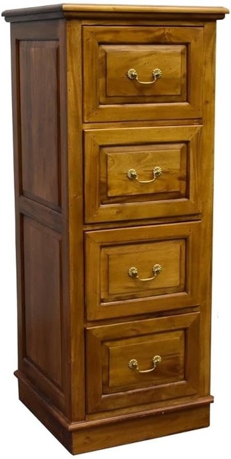 Pemberly Row Contemporary 4 Drawer File Cabinet, Solid Mahogany Wood, Light Brown Walnut Finish, Smooth Metal Slides, Hanging Rails Included, Victorian-Inspired Design for Home or Office Storage