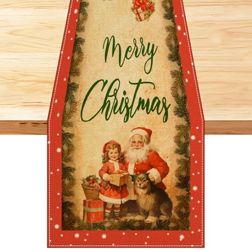 Camino de Mesa con decoración navideña Vintage, decoración de Mesa navideña de Papá Noel y niña, Camino de Mesa de Comedor de Cocina Rojo y Blanco de Invierno, Camino de Mesa navideño para Fiesta