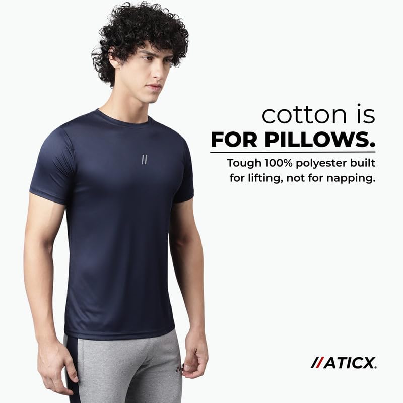 Image of ATICX Slim Fit Polyester Sports T-Shirt for Men - Round Neck Quick Dry Fit Half Sleeve Breathable Stylish Gym & Workout Tee - Lightweight Running Cycling Football Swimming Training Sportswear Top
