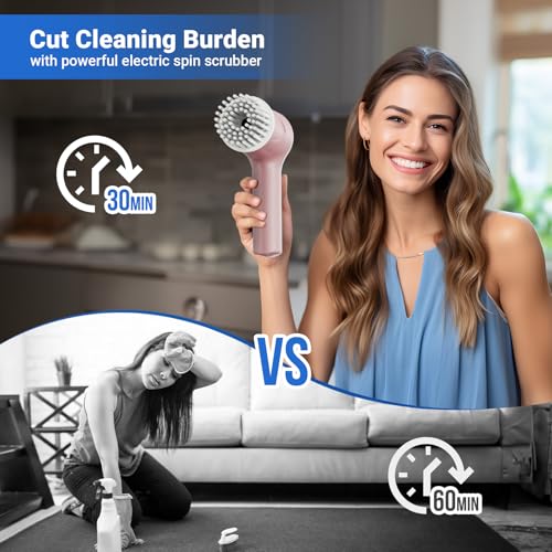 Image of PUFTEM Electric Spin, Cordless Shower Scrubber with Battery Level Display, 2 Speeds Electric Scrubber for Cleaning with 6 Replaceable Heads, (Pink)