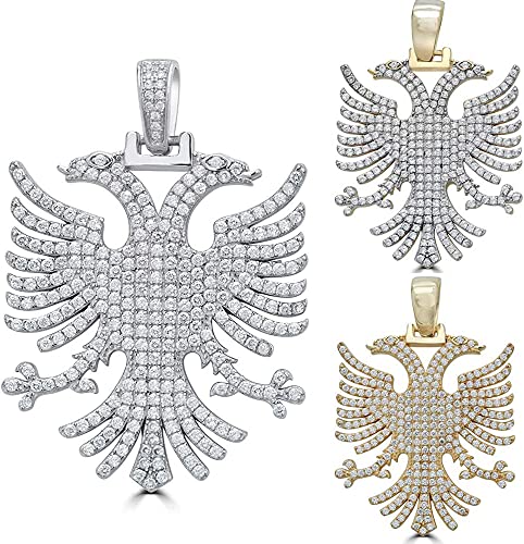 Solid 925 Sterling Silver Albanian Two Headed Eagle Pendant 2" Men's Iced Out Kosova Serbia Double Headed Necklace (Gold) #TOP13
