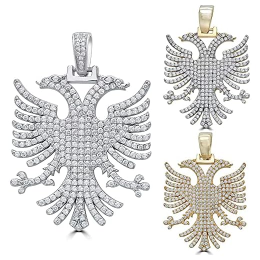 Solid 925 Sterling Silver Albanian Two Headed Eagle Pendant 2" Men's Iced Out Kosova Serbia Double Headed Necklace (Gold)