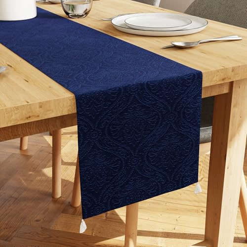 Image of Encasa XO 4 to 6 Seater Dining Embossed Velvet Table Runner | Size 32x183 cm | Navy Blue Color with Premium Polyester - Machine Washable