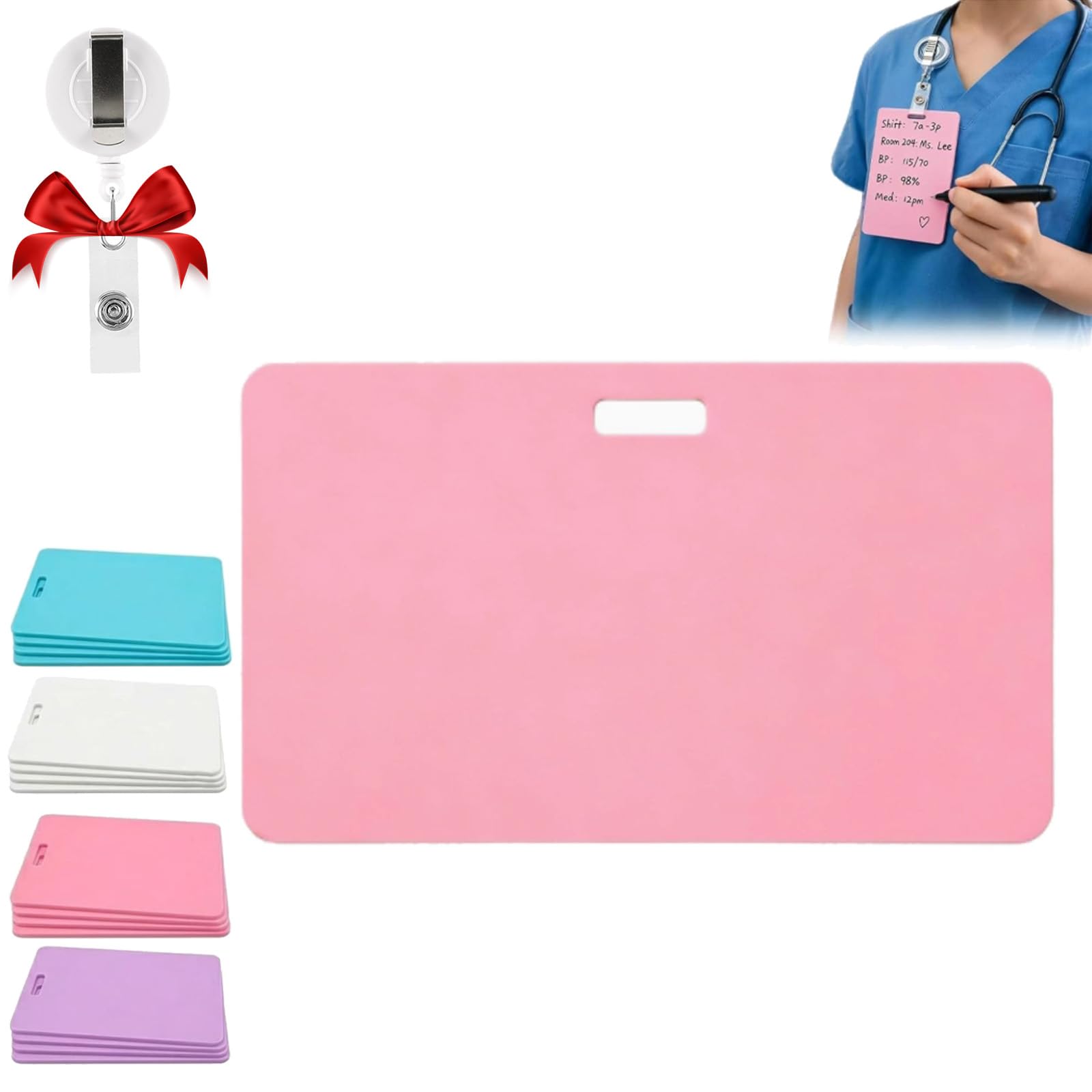 Erasable Badge Note, Mini Erasable Whiteboard for ID Badge, Reusable Silicone Badges Notepad, Ballpoint Pen Write & Alcohol Erasure, Portable for Nurses, Doctors & Teachers (Pink,Horizontal)