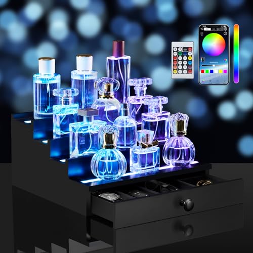 LED-Lighted Cologne Organizer for Men: Multi Lighting Modes Perfume Organizer with APP & Remote Control,4 Tier Wood Perfume Stand with Drawer and Hidden Compartment,Display Riser Shelf-Gift for Men