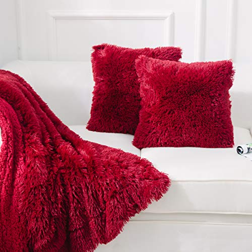 Image of NordECO HOME Luxury Soft Faux Fur Fleece Cushion Cover Pillowcase Decorative Throw Pillows Covers, No Pillow Insert, 22 inch x 22 inch Inch, Wine Red, 2 Pack