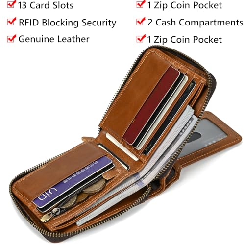 Genuine Leather Zipper Wallet for Men, RFID Blocking Mens Wallet with Zipper Coin Pocket ID Window Zipper Wallets Large Capacity3