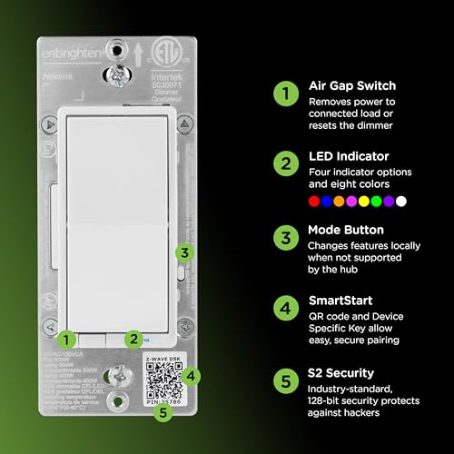 Image of Enbrighten 800 Series Z-Wave Paddle Dimmer, Long Range 800LR, Quick Fit, Simple Wire, Direct 3-Way (No Add-On Switch Needed), Smart Hub Required, Compatible with Alexa, Google Home, 76593