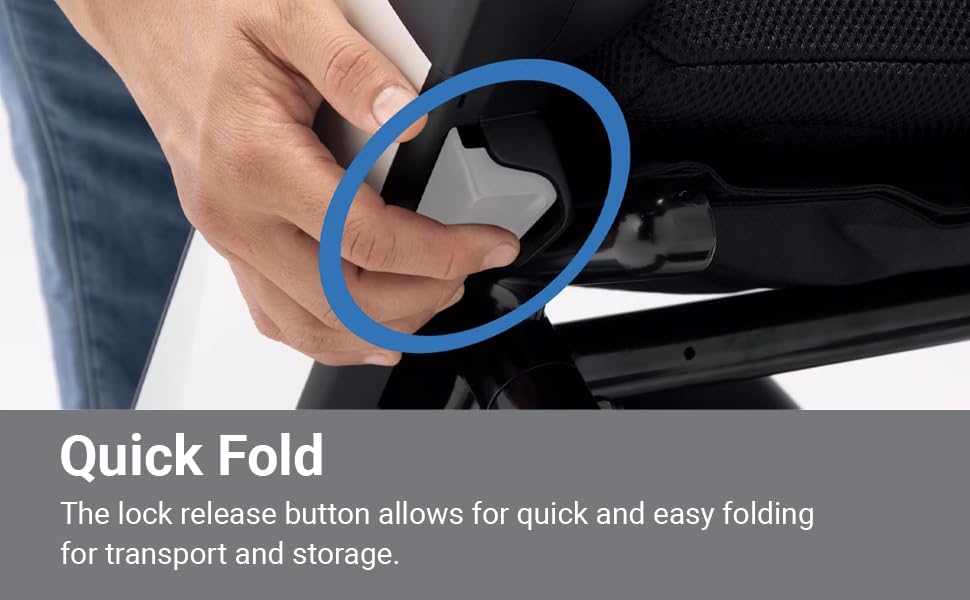 Close-up of a hand pressing a white lock release button on the WHILL Model F, circled in blue.