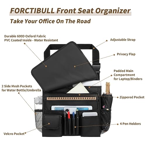 Car Front Seat Organizer for Paperwork File Laptop Mobile Office, Multi Compartment Storage Bag with Cup holder and Adjustable Strap for Car Work Truck Van - Image 3