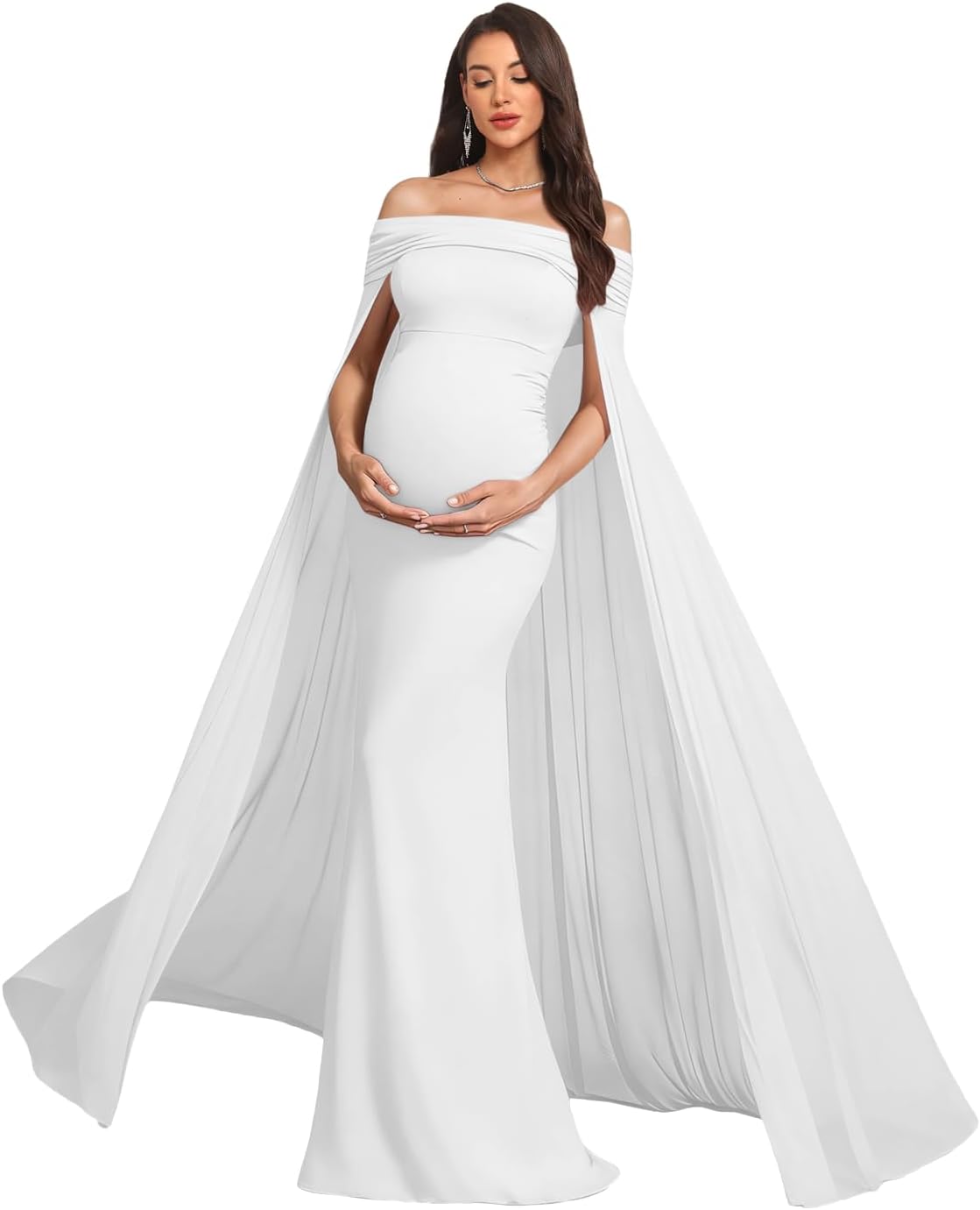 Off Shoulder Maternity Gown with Cape Mermaid Stretchy Satin Fitted Long Pregnancy Photoshoot Gown for Baby Shower MX21