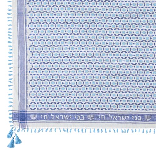 Mosaic Woven Cotton Scarf with Tassels, Blue and White3