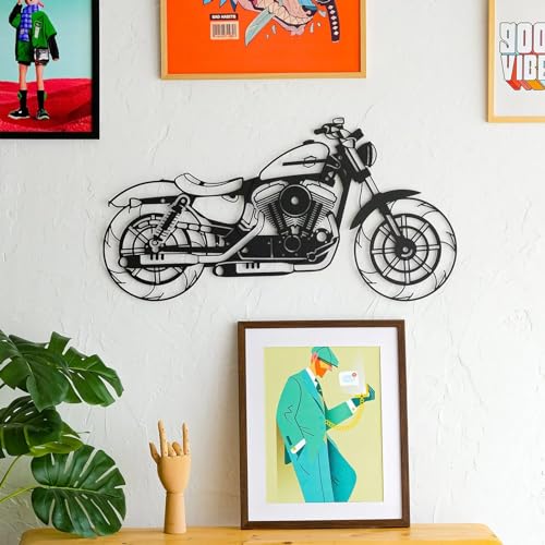 Image of 7 Decore Rustic Wooden Motor Bike Wall Decor in Black Color - Perfect for Bike Enthusiasts | Handcrafted Motor Bike Art Piece for Home, Game Room, Cafe or Office