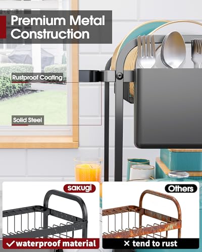Sakugi 2-Tier Dish Drying Rack - Stainless Steel Dish Rack with Cutlery & Utensil Holders for Kitchen Counter, Sink Organization and Storage for Small Family, 15\" W x 11.4\" L x 15\" H, Black