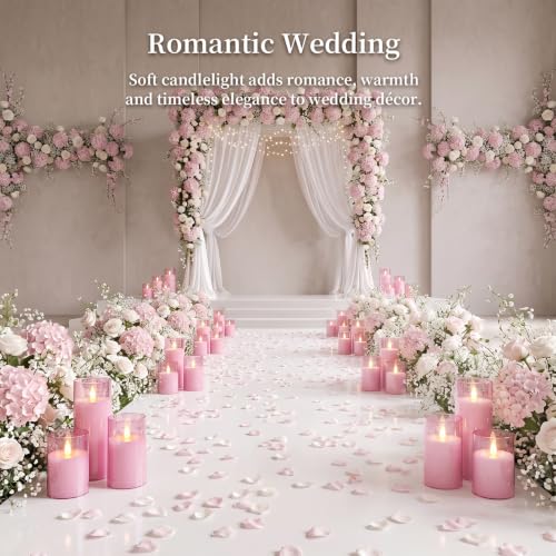 Image of Homemory Realistic Flickering Flameless Pink Candles with Remote & Timer | LED Fake Electric Pillar Candles Battery Operated for Home, Datting, Christmas Decor, Set of 3