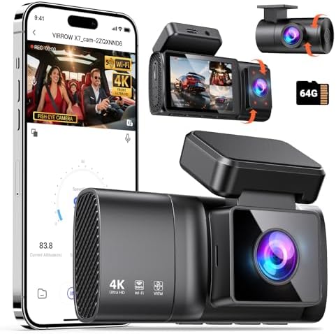 Dash Cam Front Rear and Inside: 3 Channel 4K Dash Camera with 5GHz WiFi IR Night Vision - WDR Car Camera with Free 64GB Card - APP Control Dashcam with 24H Parking Mode G-Sensor Loop Recording(X7)