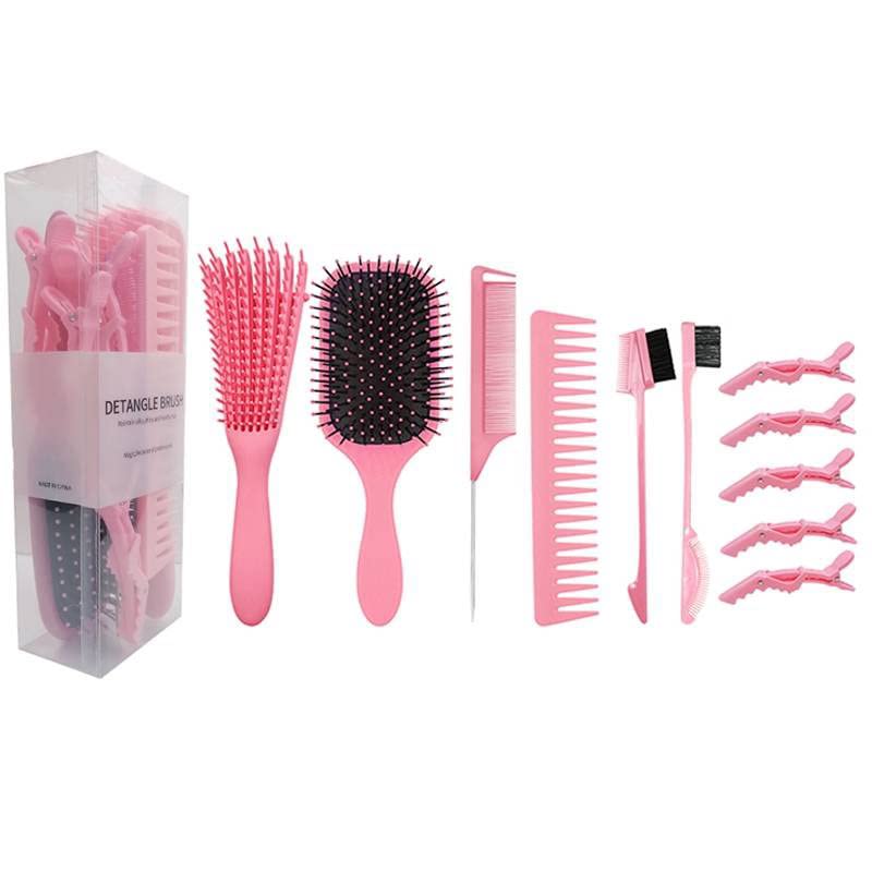 9PCS Detangler, Styling Brush, Tail Comb & Wide Tooth Comb Set Pink
