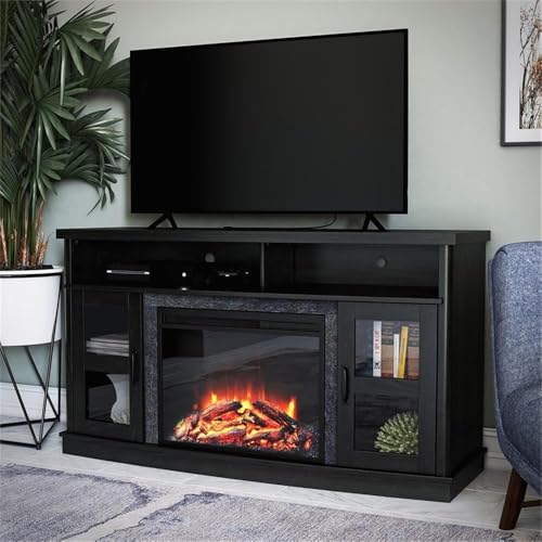 Image of Ameriwood Home Barrow Creek Fireplace Console with Glass Doors for TVs up to 60 inch, Black Oak