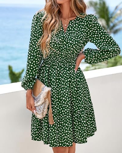 BTFBM Fall Dresses for Women 2026 Mini Long Sleeve Elastic Waist Summer Vacation Outfits Floral Wedding Guest Dress(Dot Green White, XX-Large) — view 5