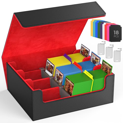 Trading Card Storage Box, 2400+ MTG Card Storage, 3 Row TCG Card Organizer Box with 18 Colorful Dividers and 3 Stands, PKM Bulk Storage, Leather Deck Case Holder Fits for YuGiOh,Game Cards (Black Red)