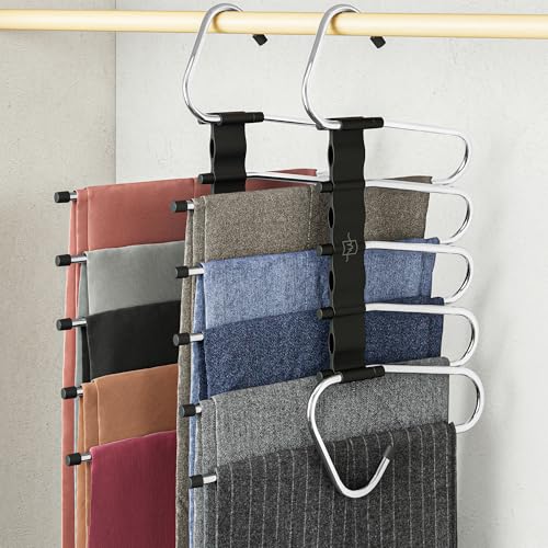 MORALVE-Pants-Hangers-Space-Saving-2-Pack-Non-Slip-Multi-Layer-Space-Saving-Hangers-Multifunctional-Clothing-Rack-for-Closet-Storage-Ideal-for-Jeans-Trousers-Skirts-Scarves-Slacks-Black