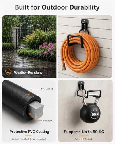 Image of Hose Hanger, Hose Holder Wall Mount Heavy Duty Organizer for Garden Hoses Metal Hook Outdoor Rack for Water Hoses, 3 Pack