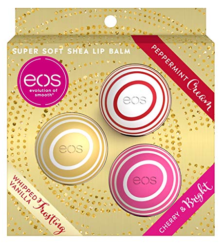 eos Evolution of Smooth (1) Box Set Super Soft Shea Lip Balm 3pc Holiday Edition Spheres - Flavors: Peppermint Cream, Whipped Vanilla Frosting, Cherry & Bright - Net Wt. 0.25 oz Each
