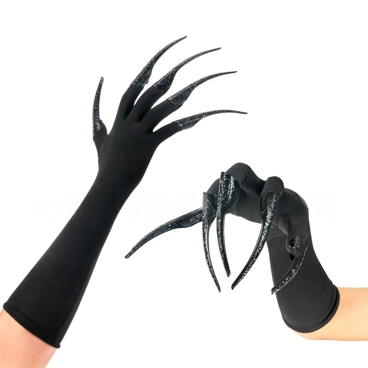 JIAHG Women's Long Horror Claw Gloves Black Ghost Gothic Witch Gloves with Scary Claw Halloween Costume Fancy Dress Handswear Performance Cosplay Accessory (Black Gloves with Detachable Nails)