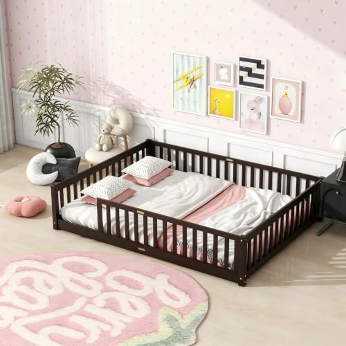 PVWIIK Queen Floor Bed with Fence & Guardrails, Espresso