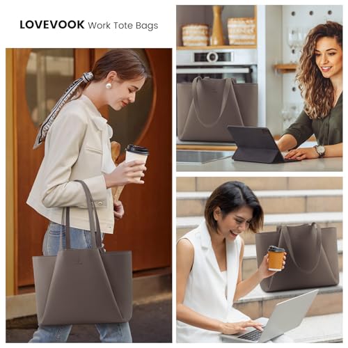 Image of LOVEVOOK Laptop Tote for Women - 15.6 Inch Faux Leather Laptop Bag with Clutch, Large Capacity Office Purse Computer