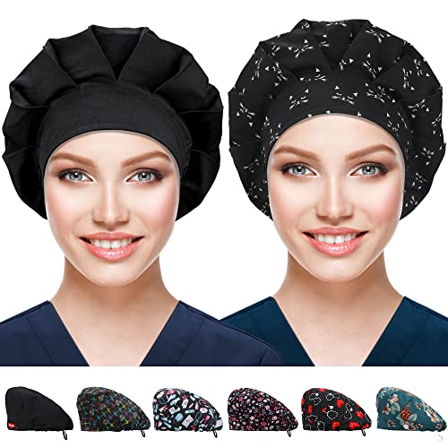ABAMERICA 2 Pack Bouffant Caps with Button and Sweatband, Adjustable Scrub Caps for Women Men, One Size Multi Color A-42 Single Layer Satin Blk + Blk Single Layer