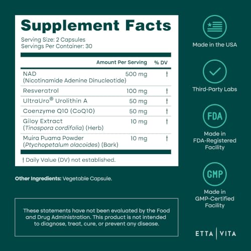 Image of Liposomal NAD+ Supplement - Resveratrol, Muira Puama, Urolithin A, CoQ10 & Giloy (Made in USA) NAD Supplement for Natural Energy, Brain Fog, Digestion, Detox, Gut Health, Microbiome