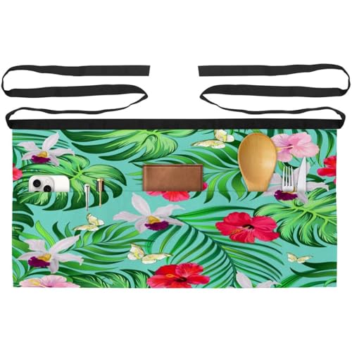 Demi-tablier pour cuisine pâtisserie et restaurant avec poches motif feuilles de palmier