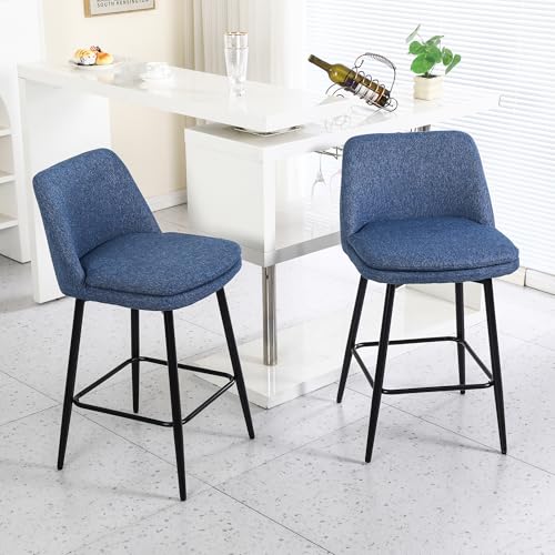Butacos de altura para barra NewCosmos, juego de 2, giratorios 360°, con respaldo y patas metálicas, altura de asiento 25,6 pulgadas, para isla de cocina y pub, tapizados en tela de lino azul miniatura 5