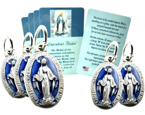 Westmon Works Miraculous Medal Set Mini Mary Italian Metal Medallion Bundle with Laminated Saint Prayer Holy Cards, Set of 5