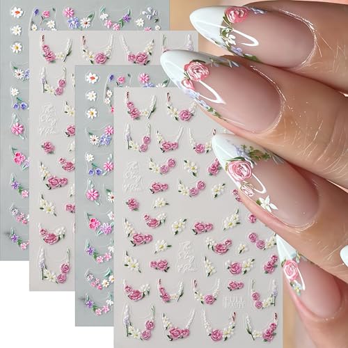 4 Sheets 5D Embossed Flowers Nail Art Stickers Pink Rose Nail Decals Flower Stickers for Nails Hibiscus Daisy Pegatinas para Uñas Spring Summer French Nail Supplies for Women DIY Manicure Decorations