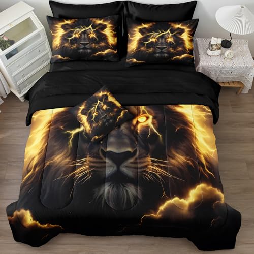 Bedding_Dreamer Lion King Comforter Set Black and Gold Bed in a Bag Golden Loin Bed Set Home Decor 8 Pcs Black Sheet Set Wild Animal Comforter Set with 1 Cushion Cover