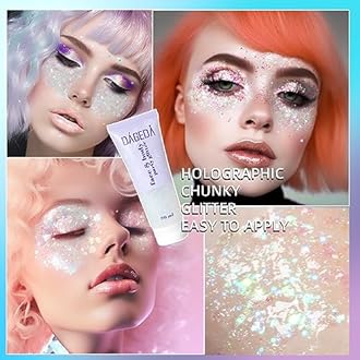 DAGEDA Body Glitter Gel, Face Glitter Body Gel Sequins Shimmer Liquid Eyeshadow, Chunky Glitter for Face Hair Nails, Holographic Cosmetic Laser Powder Festival Glitter Makeup 50ml(White)