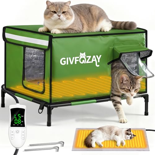 Heated Cat House for Outside Use 900D Oxford Cloth, Outside Cat House Weatherproof with Remote Control Heated Pad, Insulated Cat Houses with Removable Feet to Isolate Moisture, Against Extreme Weather
