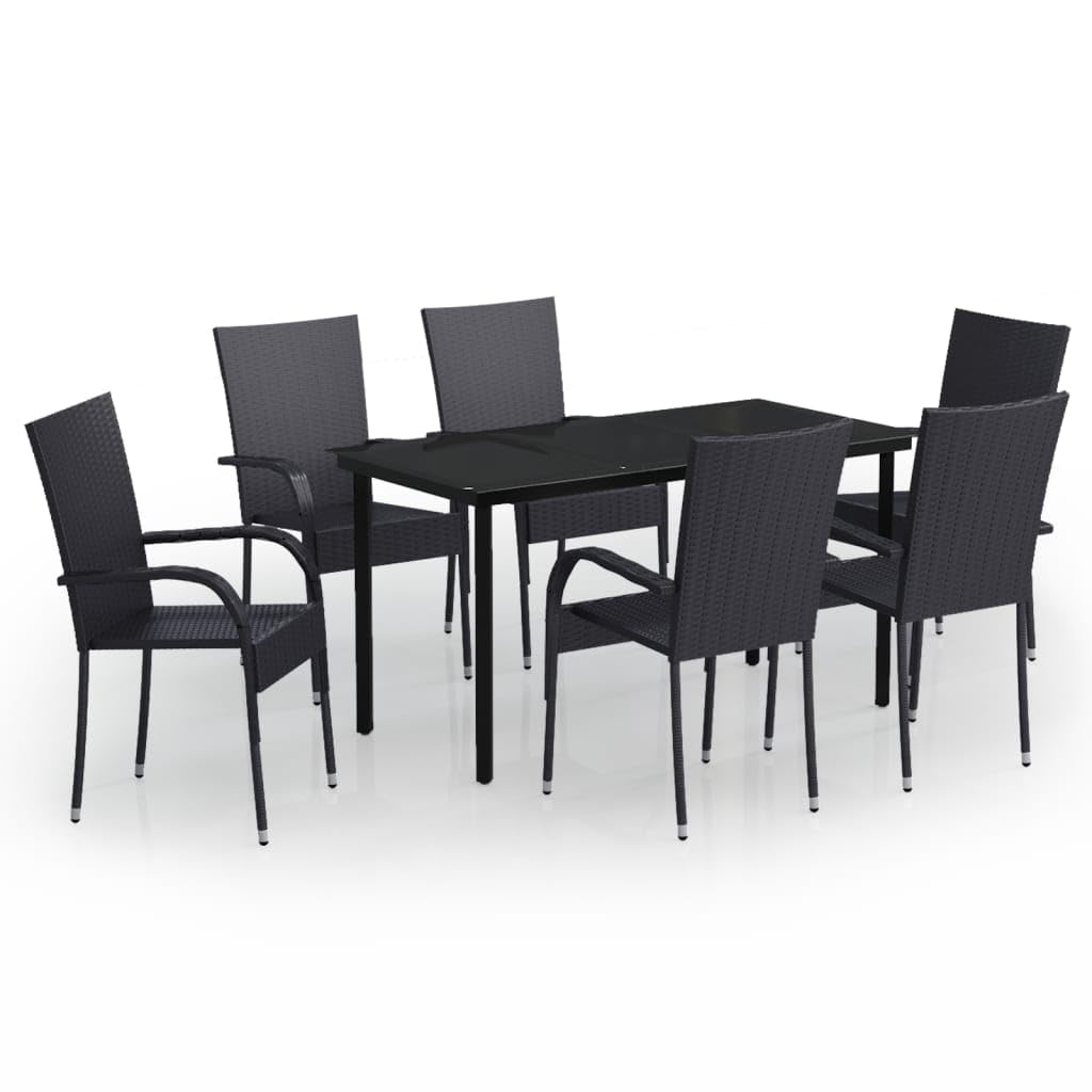 Juego de comedor de jardín de 7 piezas, color negro de acero pulverizado con ratán de polietileno y tablero de cristal como muebles de jardín negro